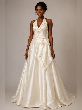 May Queen Couture Ivory Beaded Halter Formal Gown Wedding Dress Size 4 BNWT
